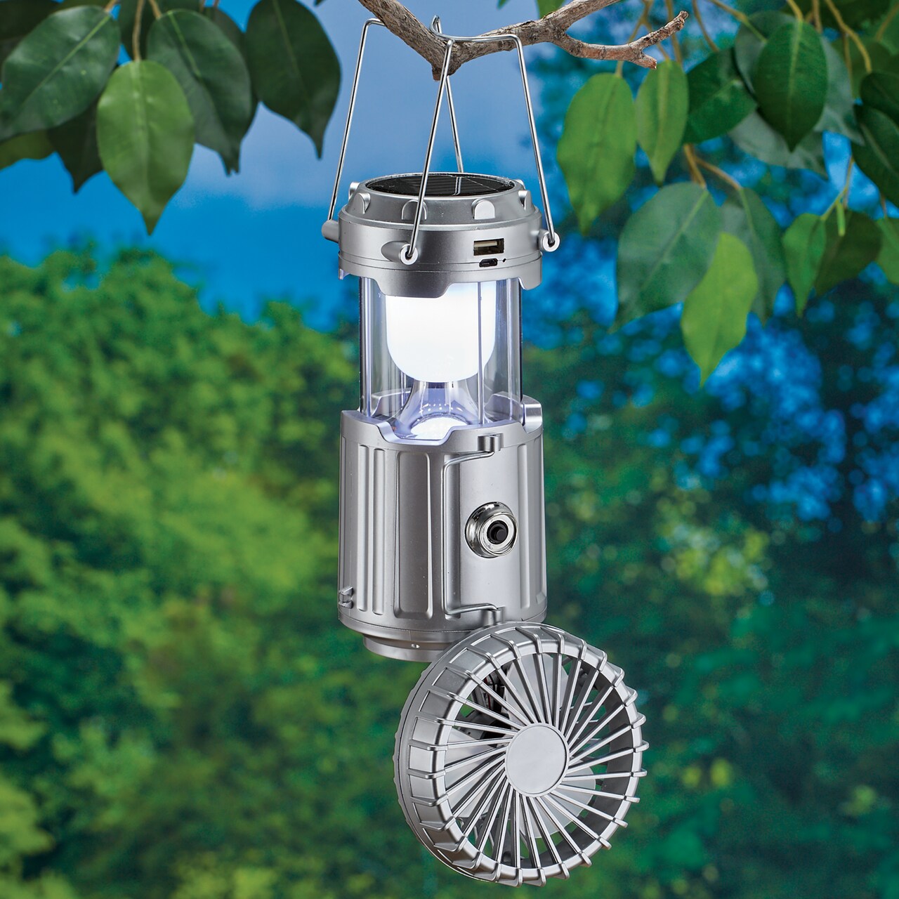 Collections Etc LED Lighted Solar Powered Collapsible Lantern with Fan
